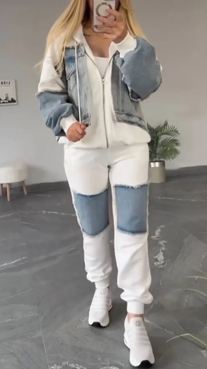 Women Collared Patchwork Denim Casual Suit