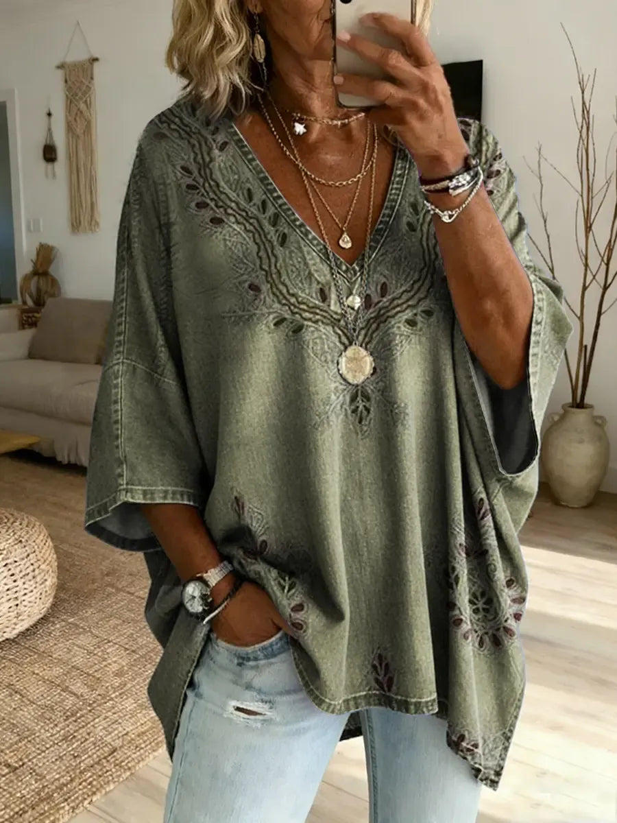Ethnicity Texture Flowers Women's Art Print Casual Washed Cotton Denim Top