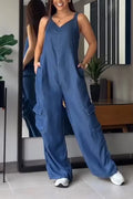 Women's V-neck Patchwork Pocket Casual Denim Jumpsuit