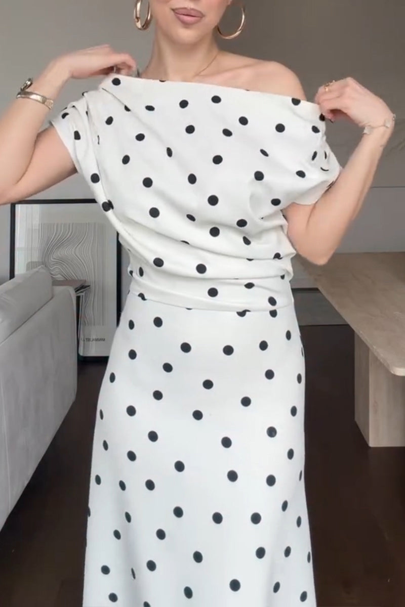 Women's Urban Commuter Asymmetric Neckline Polka Dot Midi Dress
