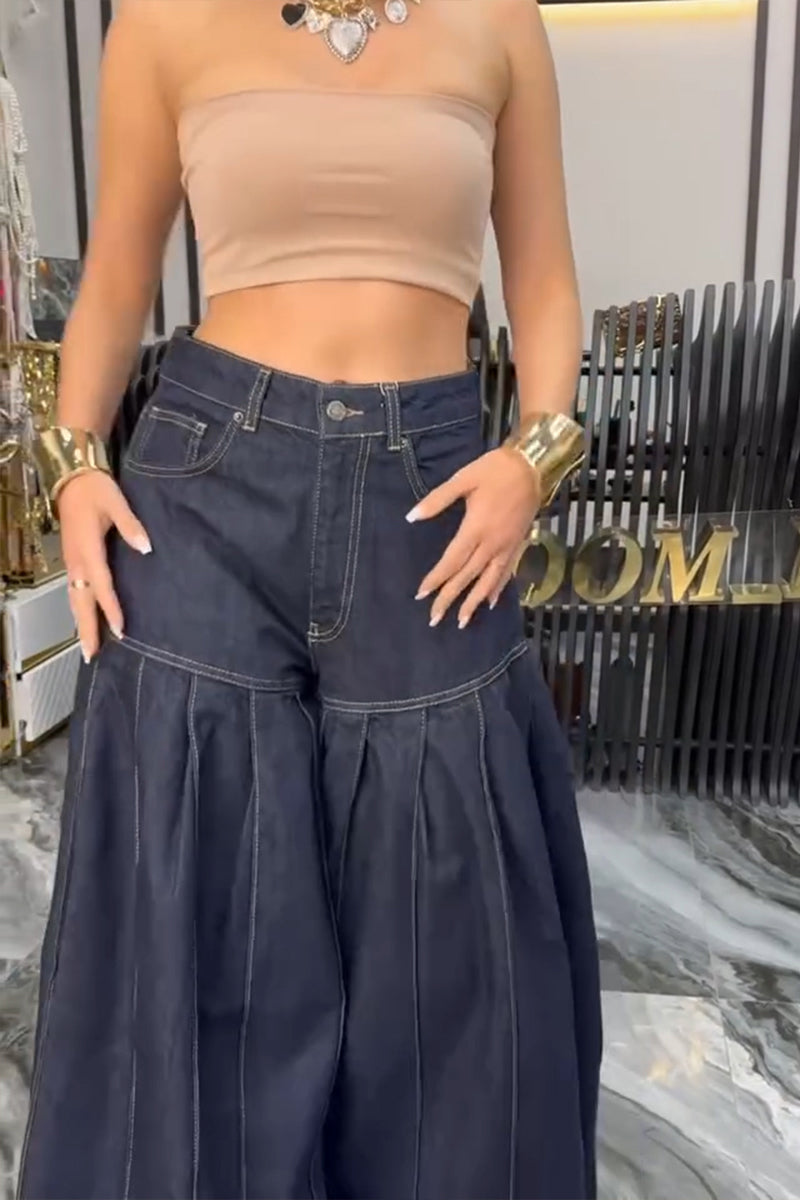 Women's Casual Pleated Loose Wide Leg Jeans