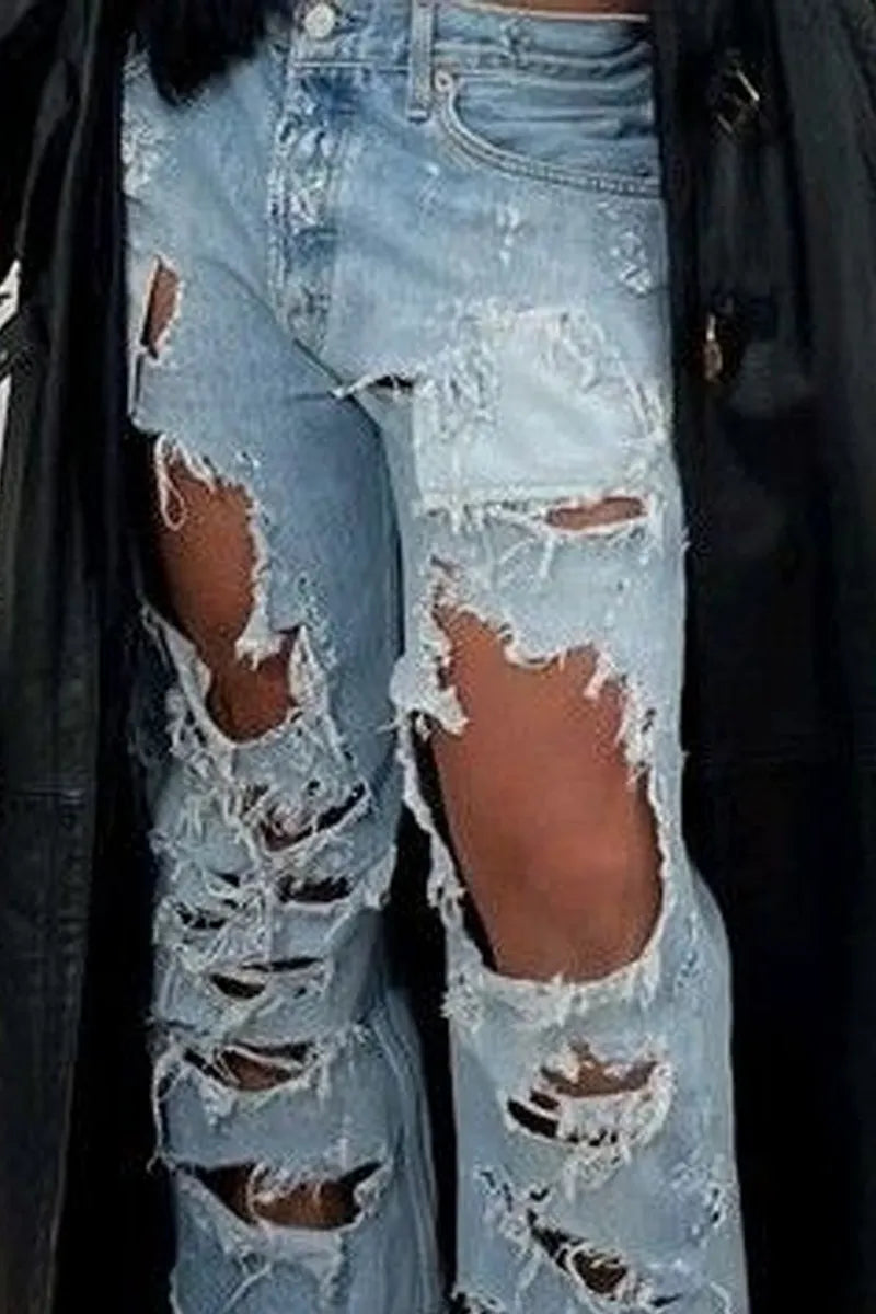 Women Super Distressed Patch Fringe Big Hole High Waist Wide Leg Denim Trousers