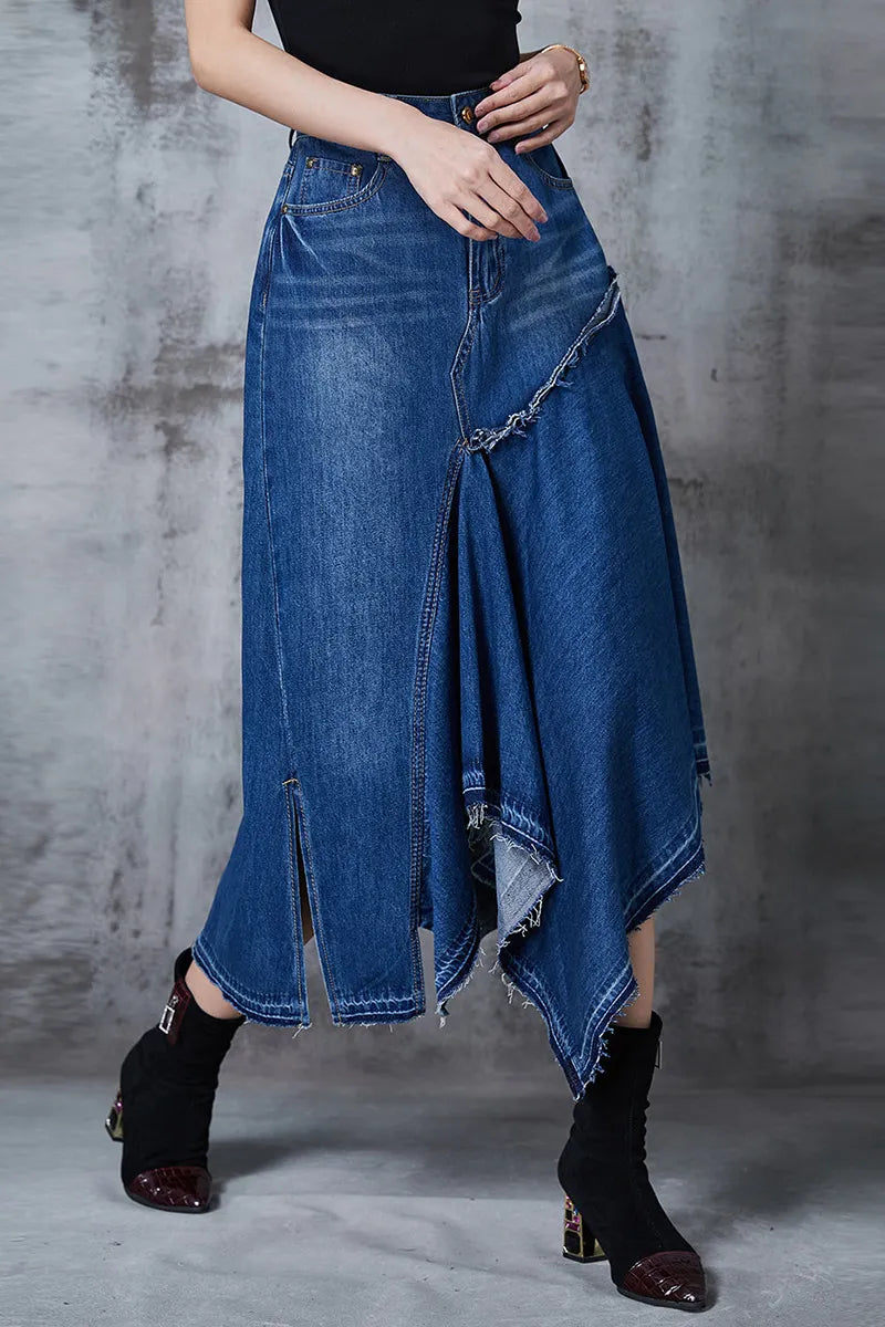 Women Vintage Wash Deconstructed Patchwork Hanky Hem Denim Skirt
