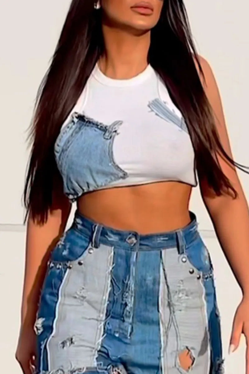 women's White Base Patch Denim Raw Fray Edge Sleeveless Cropped Tank Top Or High Waist Multi Wash Patchwork Fray Cutout Wide Leg Baggy Denim Pants