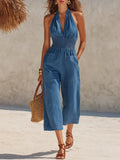 Stylish Halter-Neck Sleeveless Denim Cropped Jumpsuit