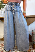 Women's Casual Waist Pleated Drawstring Washed Wide Leg Jeans