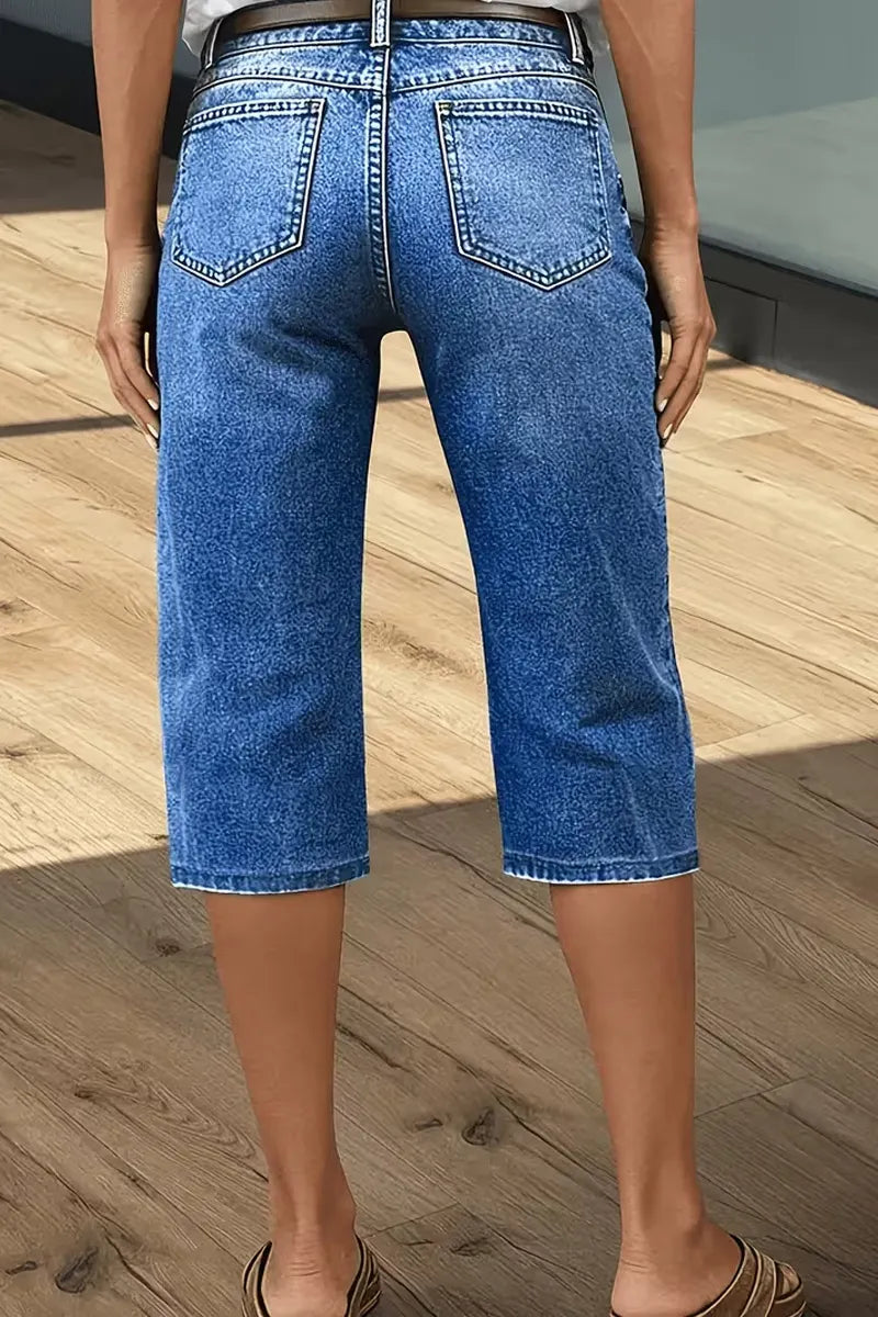 Women's Vintage Wash Multi Line Stitch Cuff Cropped Denim Capri Pants