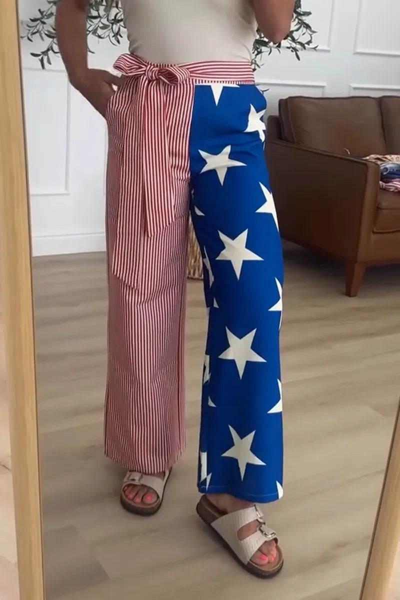 Women Casual Asymmetrical Printed Patchwork Wide Leg Pants