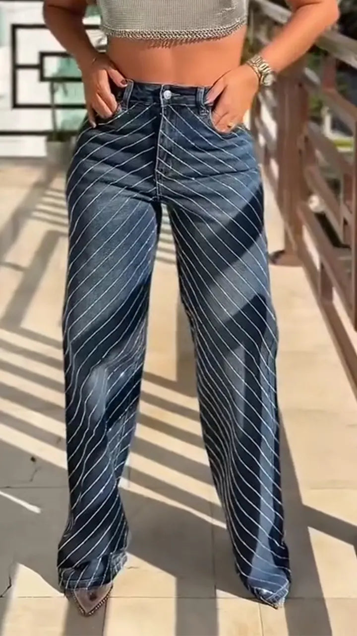 Women Hot Stamping Rhinestone Striped Casual Jeans