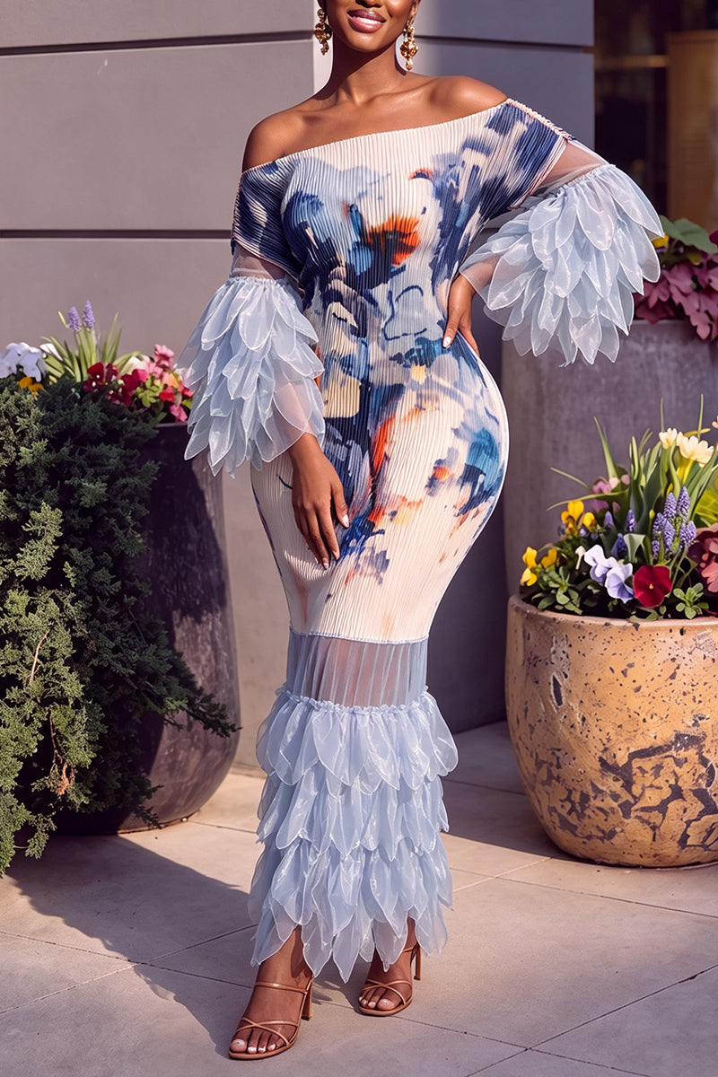 Women's Elegant Print Tiered Mesh Hem Decoration Maxi Dress