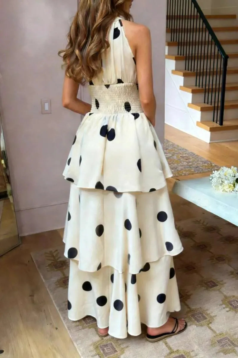 Women's Fashion Off-Shoulder Tiered Hem Polka Dot Maxi Dress