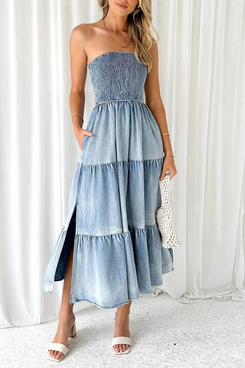 Women's Elegant Hemline Side Slit Bustier Denim Cake Dress