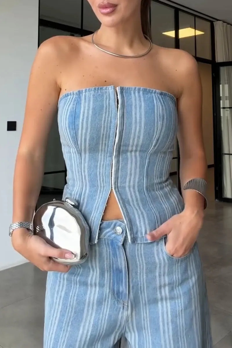 Women's Casual Stripe Denim Bustier or Jeans