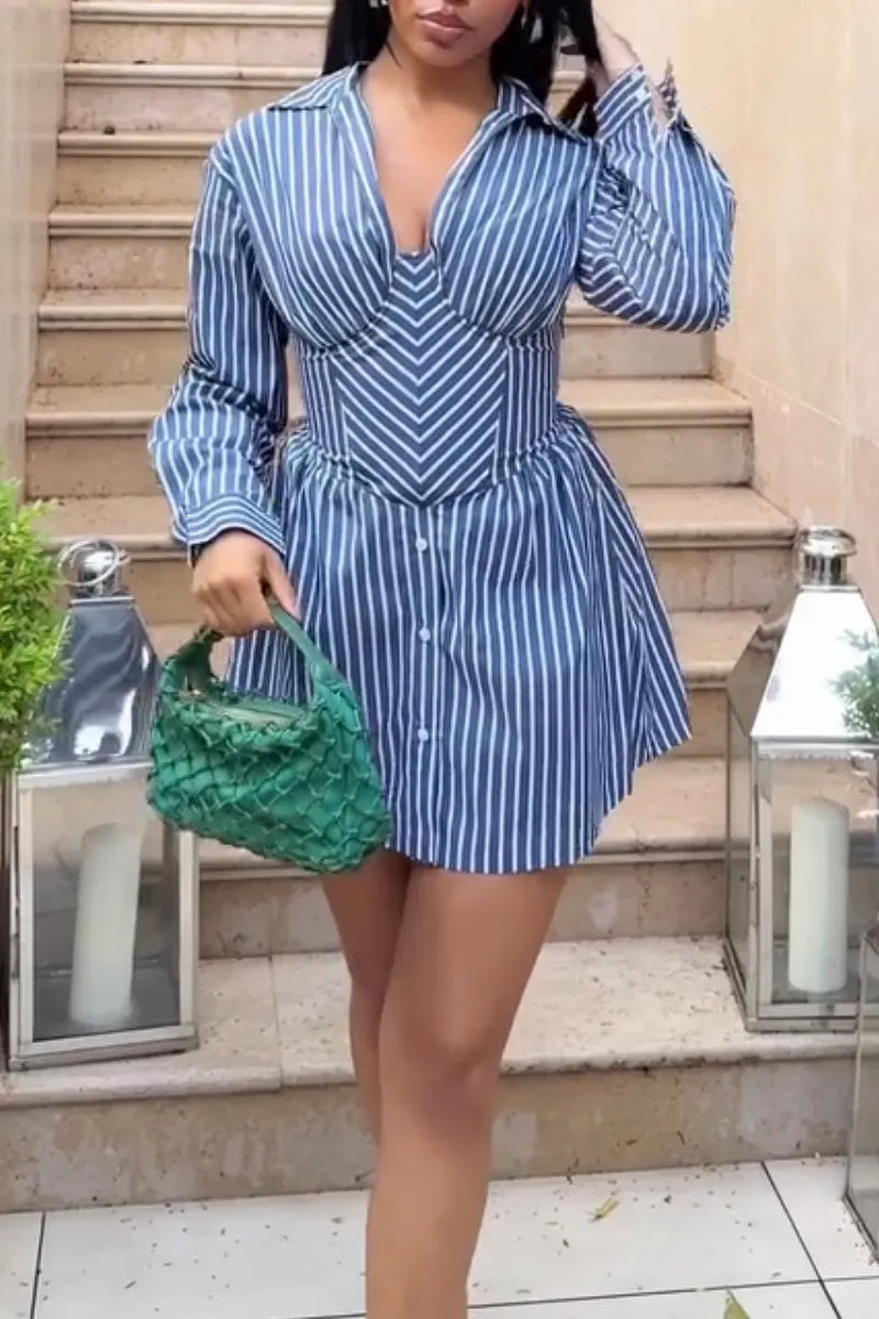 Women's Collar with Vertical Stripes and Waist Cinching Elegant Temperament Dress