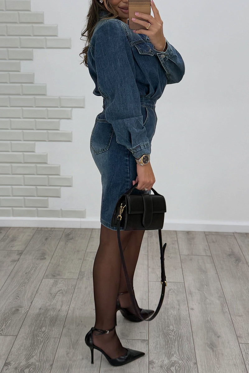 Women's Collar Waist Wash Water Casual Denim Dress