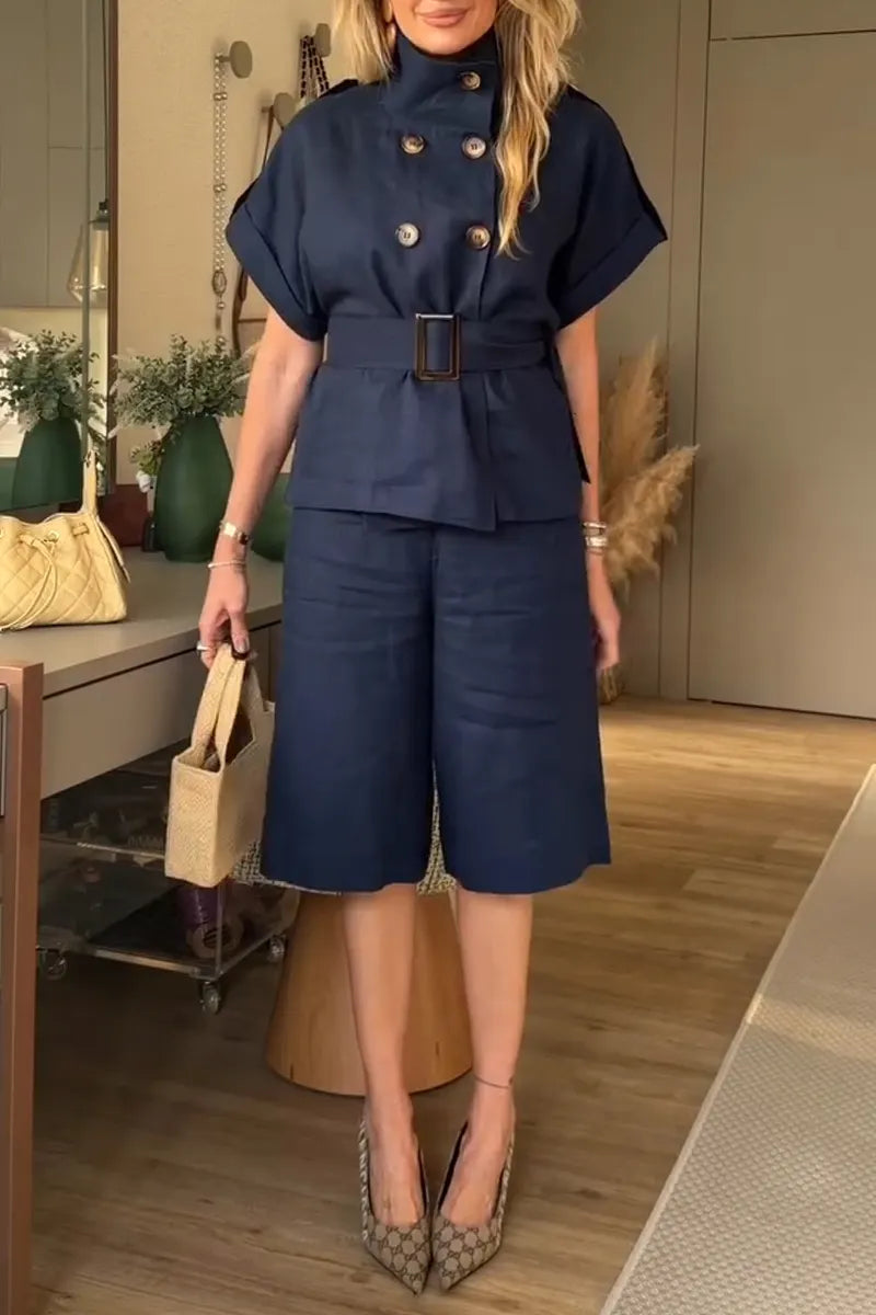 Women's Stand Up Collar Double Breasted Waist Cinched Top+ Pants Casual Suit