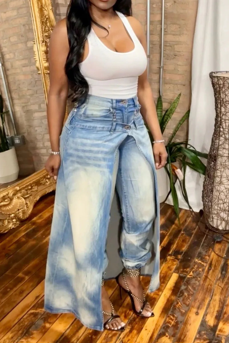 Women Light Ombre Wash High Waist Double Layer Wrap Front Slit Wide Leg Jeans