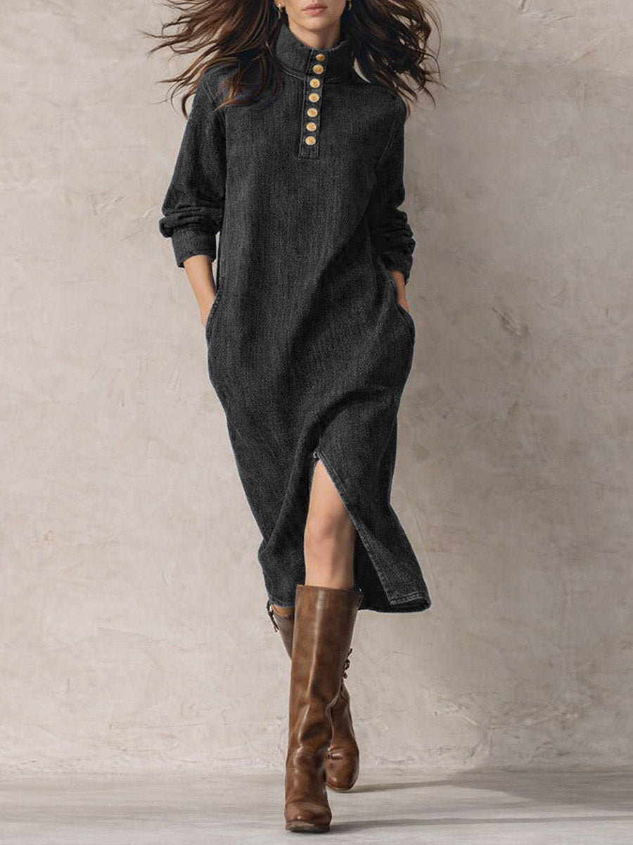 Women's Stand-collar Long-sleeved Casual Loose Denim Dress