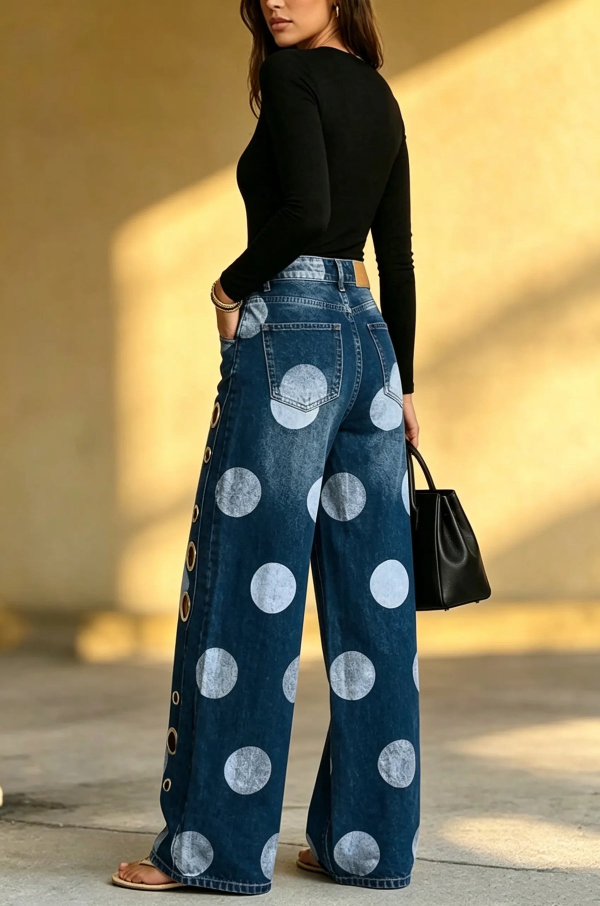 Women's Casual Polka Dot Pattern Metal Hollow-Out Wide Leg Jeans
