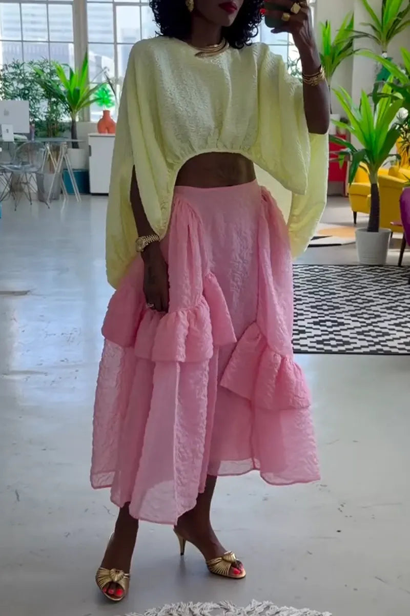 Women's Round Neck Irregular Solid Color Top or Patchwork Skirt