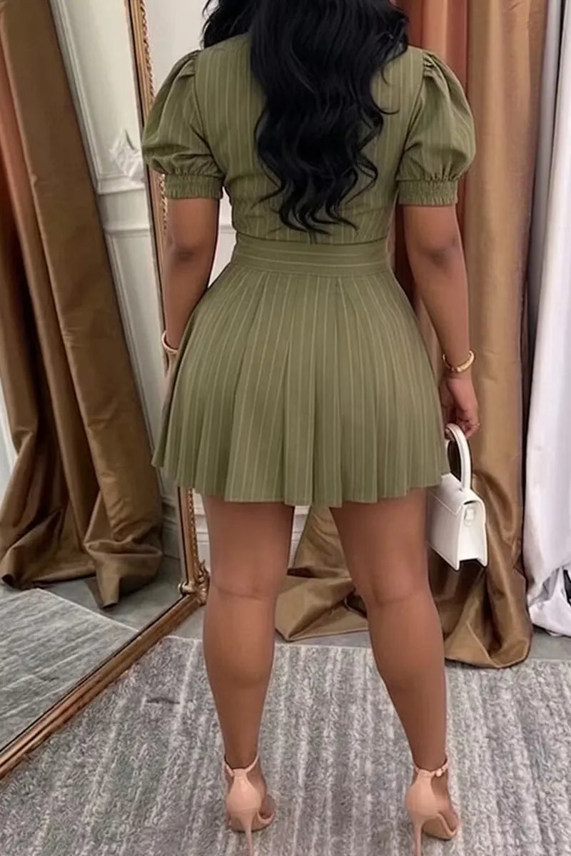 Women's Striped Puff Sleeve Cropped Commuter Dress