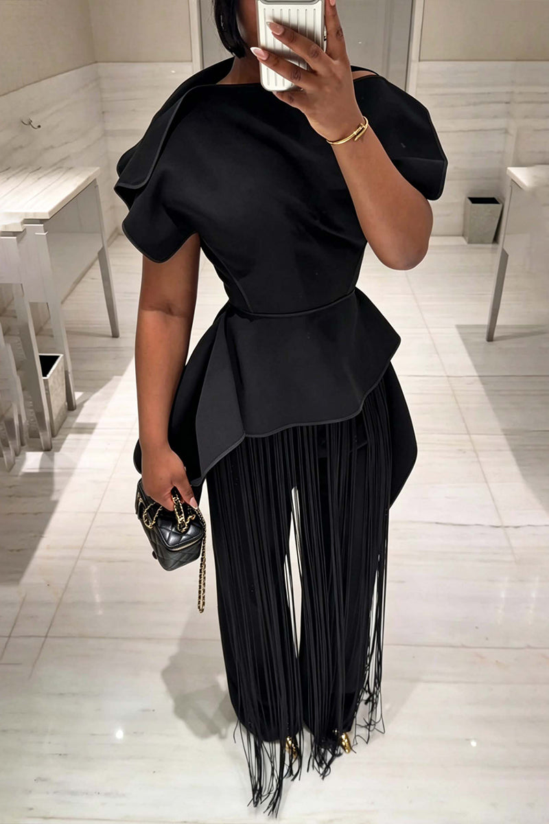 Women's Fashion Asymmetric Vest Pants Fringe Decoration Two-Piece Set