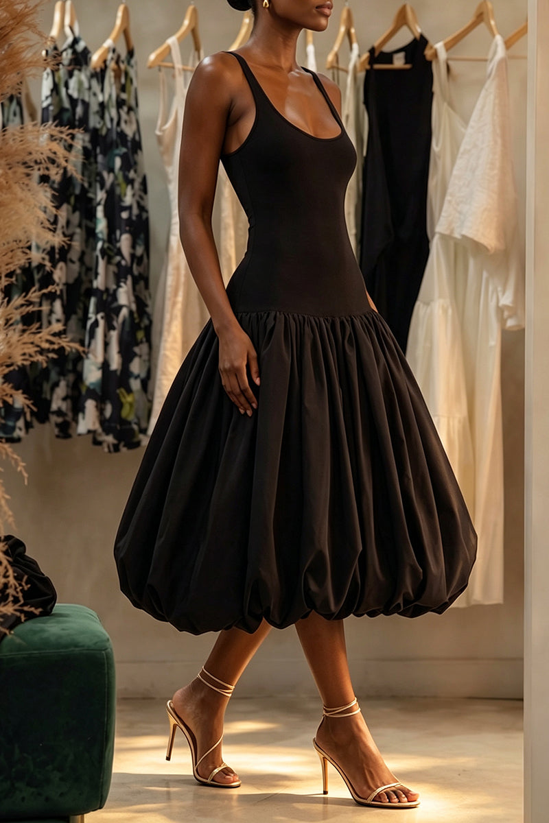 Women's Elegant Vest Balloon Hem Patchwork Midi Dress