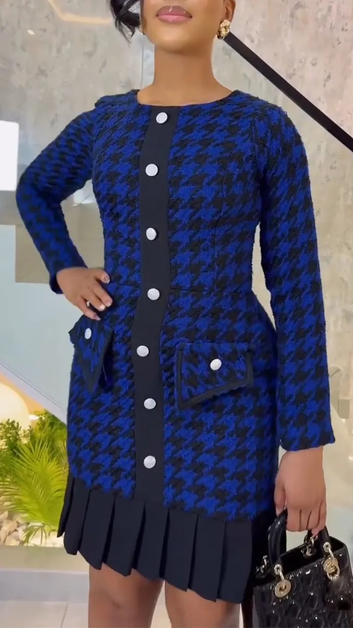 Women Round Neck Breasted Patchwork Plaid Elegant Temperament Dress