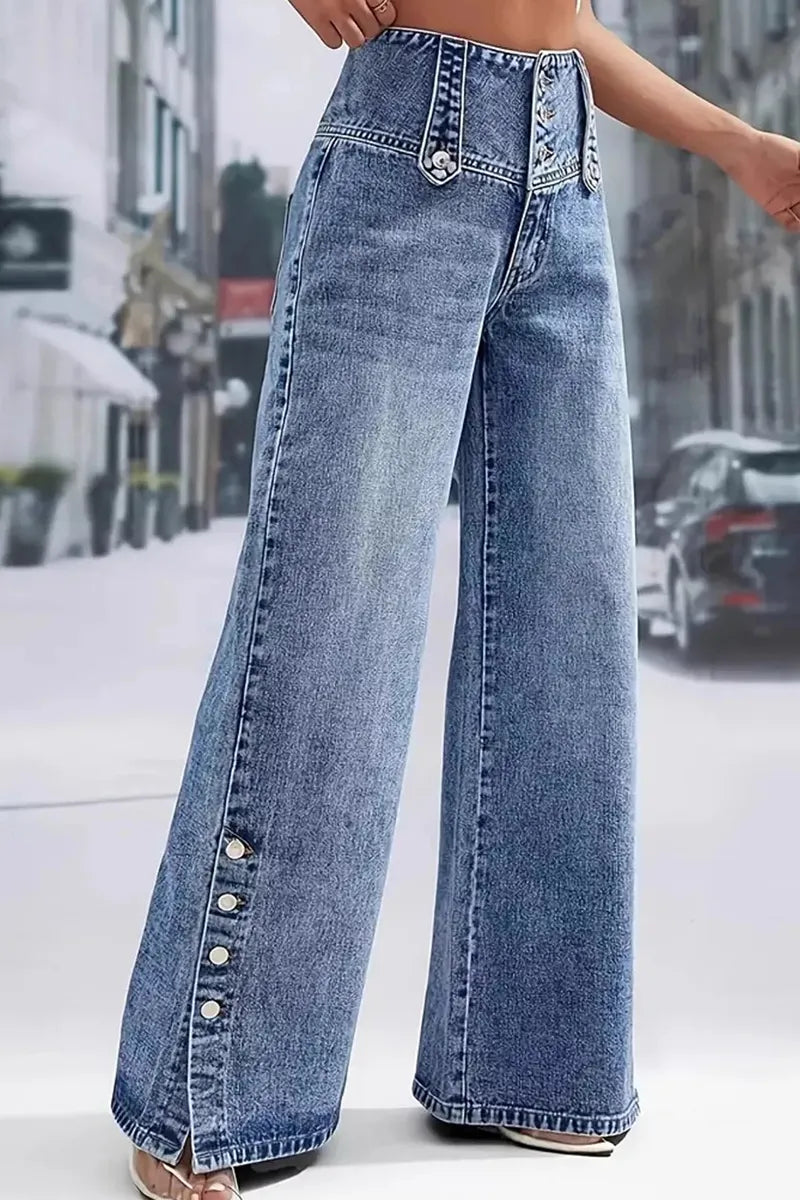 Women's Casual Wide Leg Jeans With Button Slits