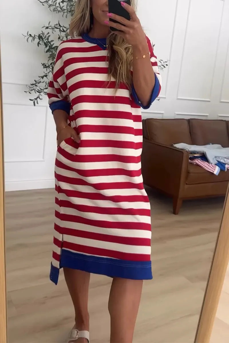 Women Round Neck Striped Loose Casual Midi Dresses