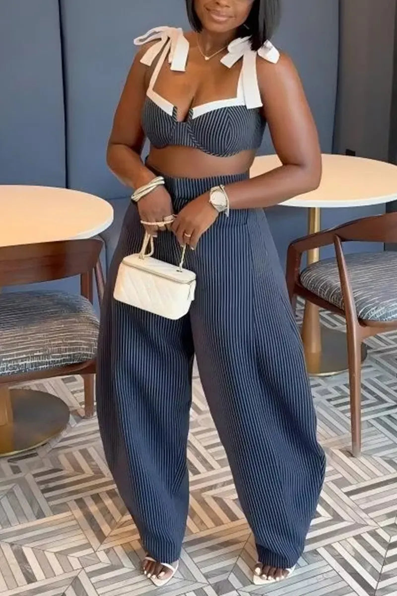 Women's Casual Striped Denim Cami Top & Striped Wide Leg Jeans
