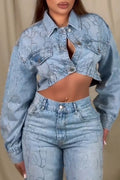 Women's Fashion Pattern Rhinestone Short Denim Jacket or Jeans