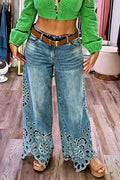 Women's Fashion Pattern Embroidery Cut-Out Hem Wide Leg Jeans