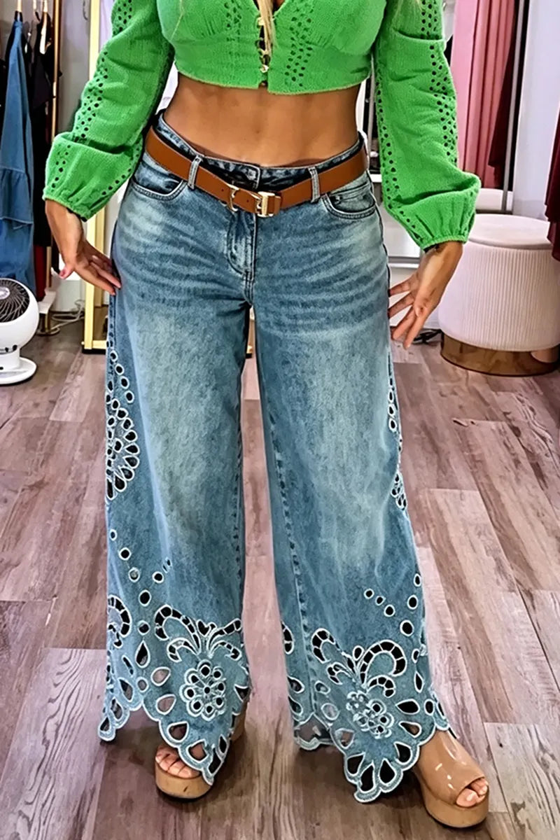 Women's Fashion Pattern Embroidery Cut-Out Hem Wide Leg Jeans