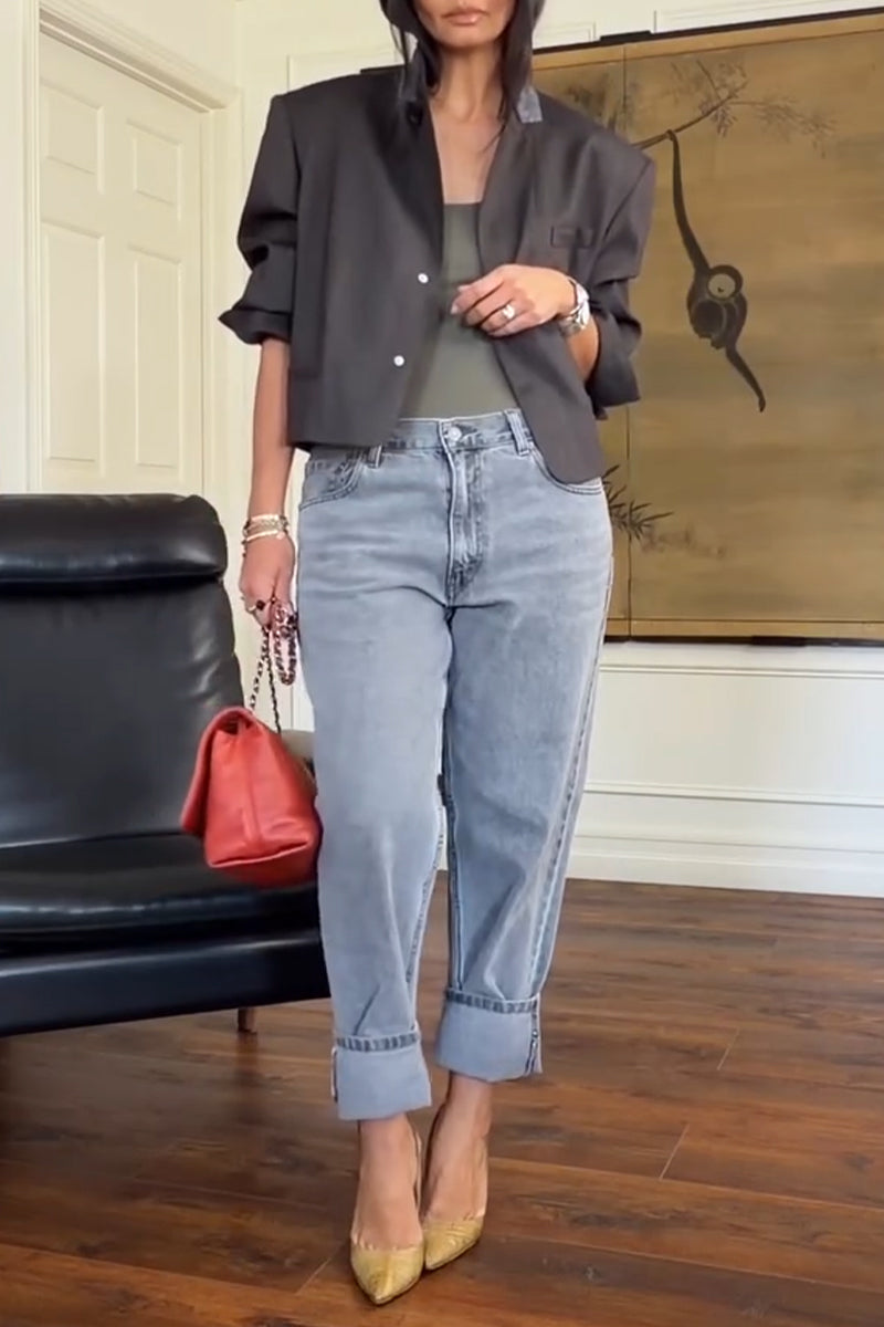 Women's Temperament Casual Collar Jacket or Washed Denim Jeans