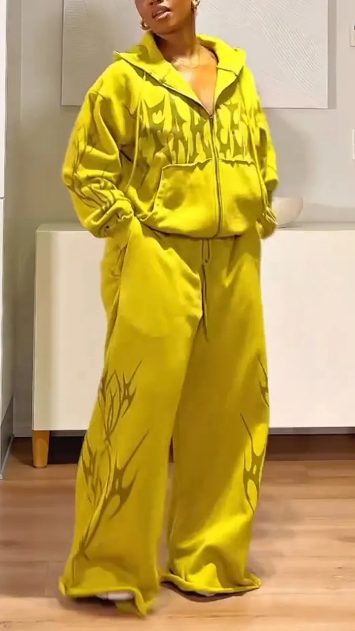 Womens Hooded Printed Jacket+ Pants Casual Set