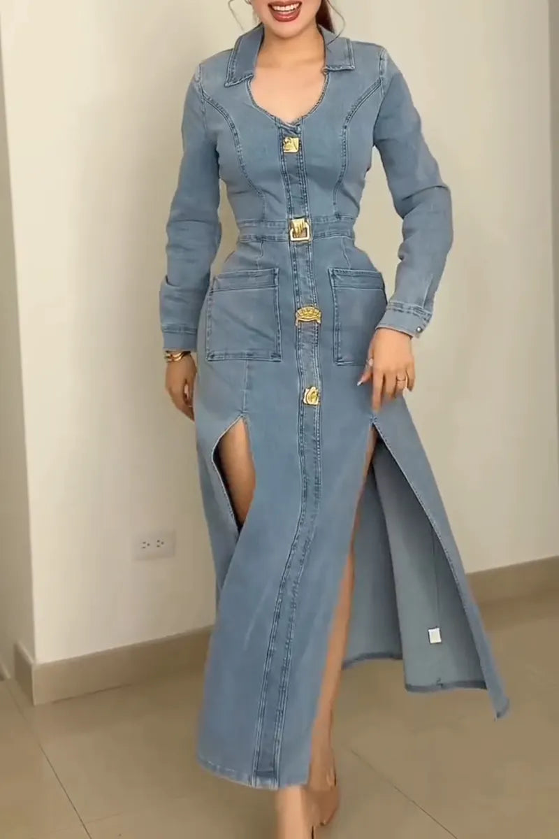 Women's Elegant Slit Hem Button Trim Denim Dress