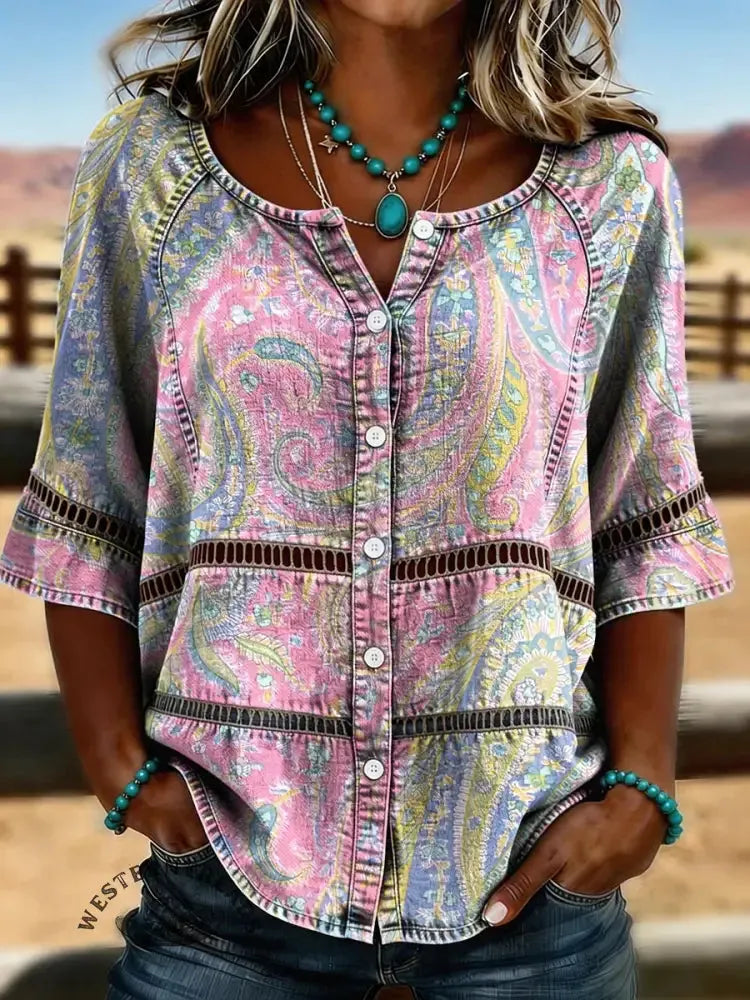 Women's Retro Boho Floral Art Print Casual Hollow-out Denim Shirt