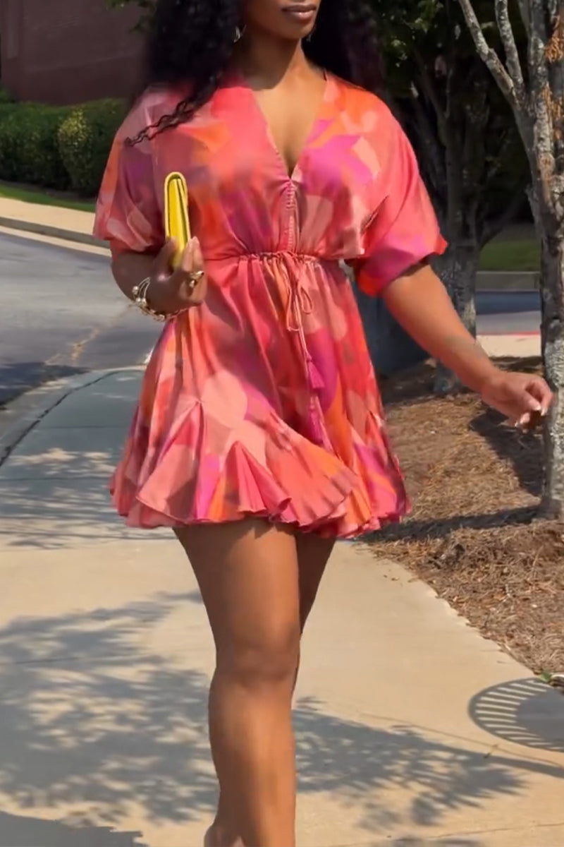 Women's Casual Print Ruffle Hem Mini Dress