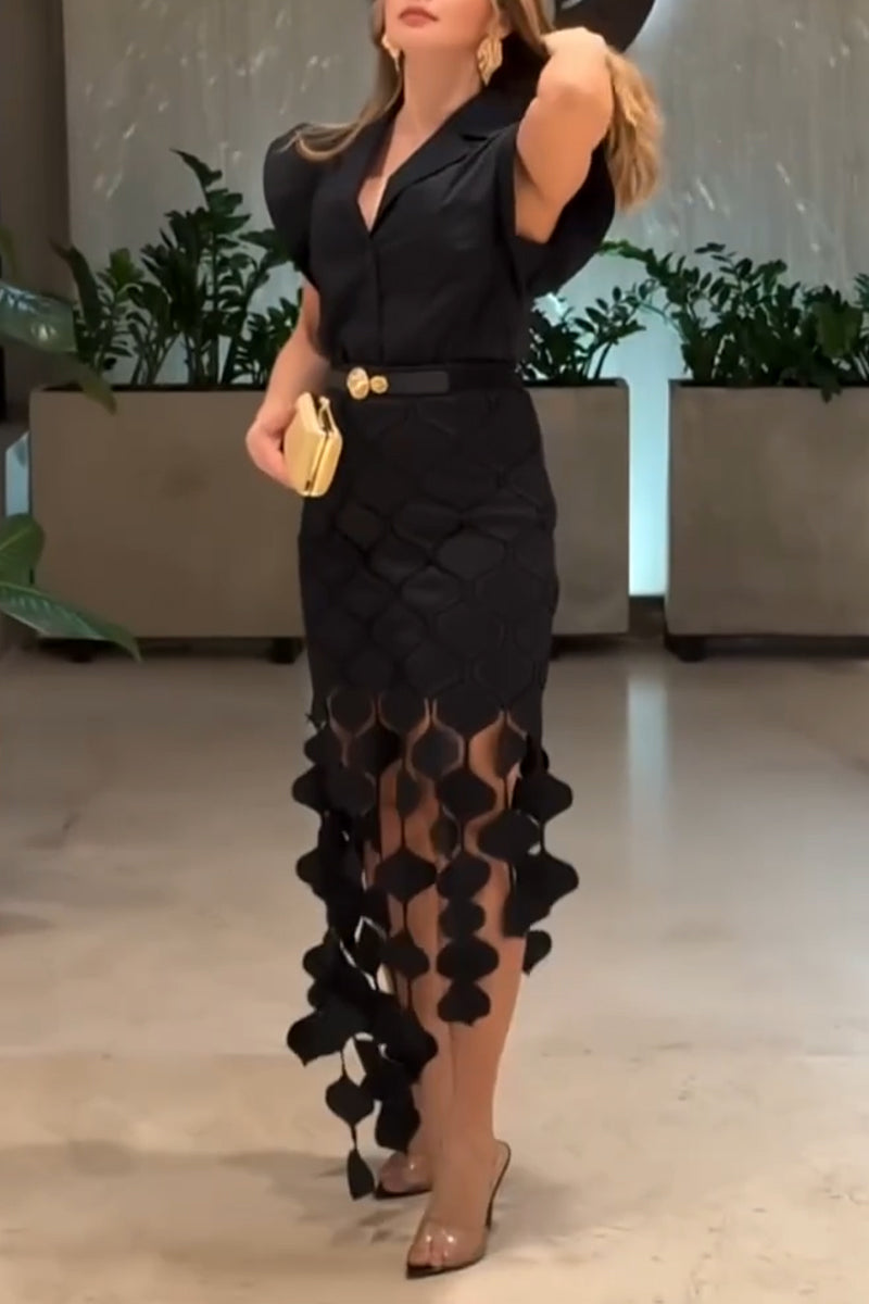 Women's Collar Shirt+ Patchwork Pattern Tassel Half Skirt Elegant Temperament Set