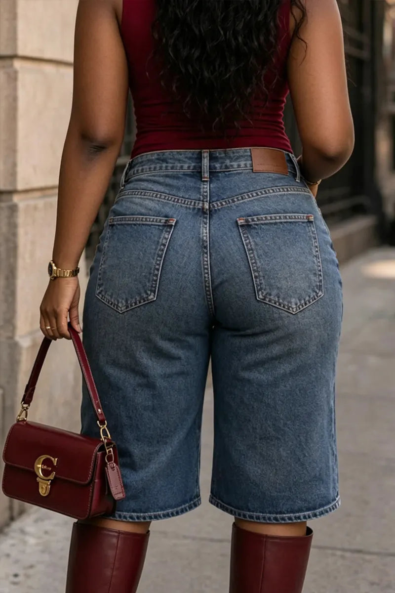 Women Light Blue Washed High Waist Red Cross Embroidery Patch Wide Leg Denim Bermuda Shorts