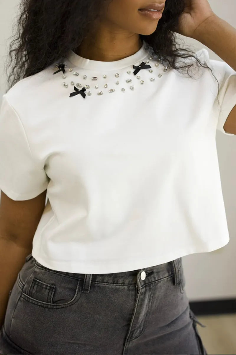 Women's Casual Rhinestone Short-Sleeve T Shirt or Cargo Jeans