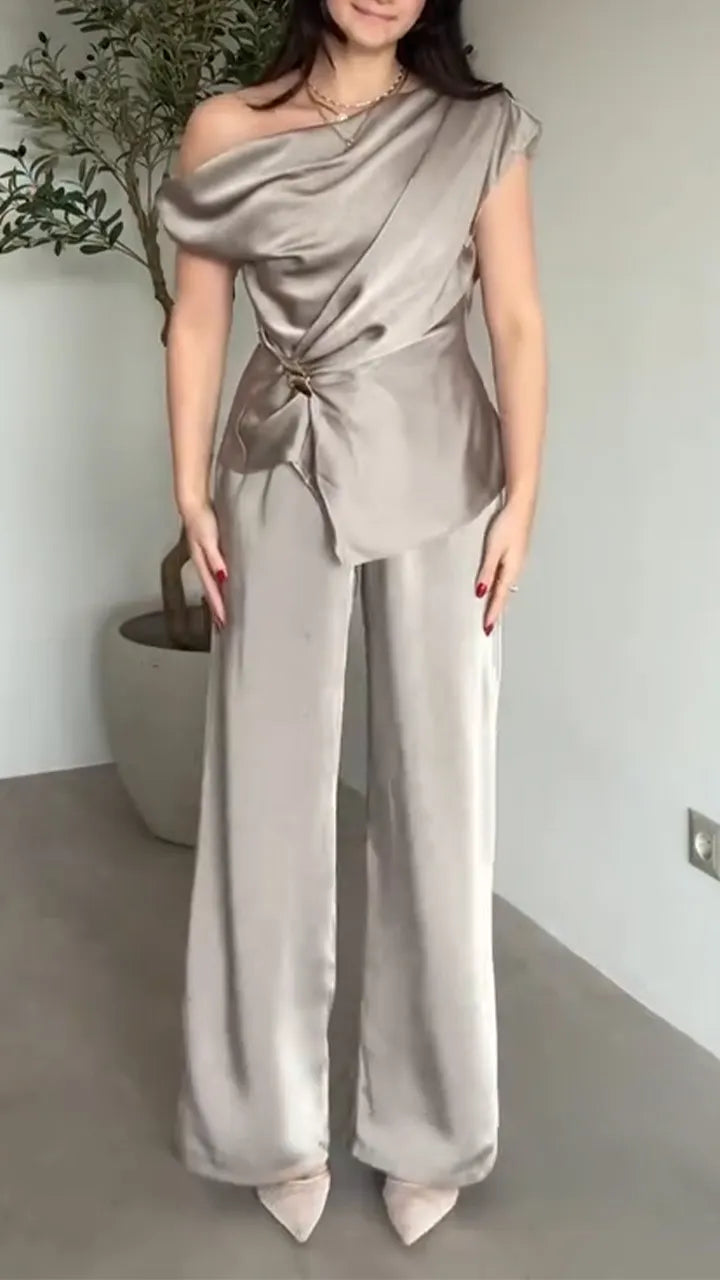Women Diagonal Collar Pleated Top+ Pants Satin Temperament Casual Suit