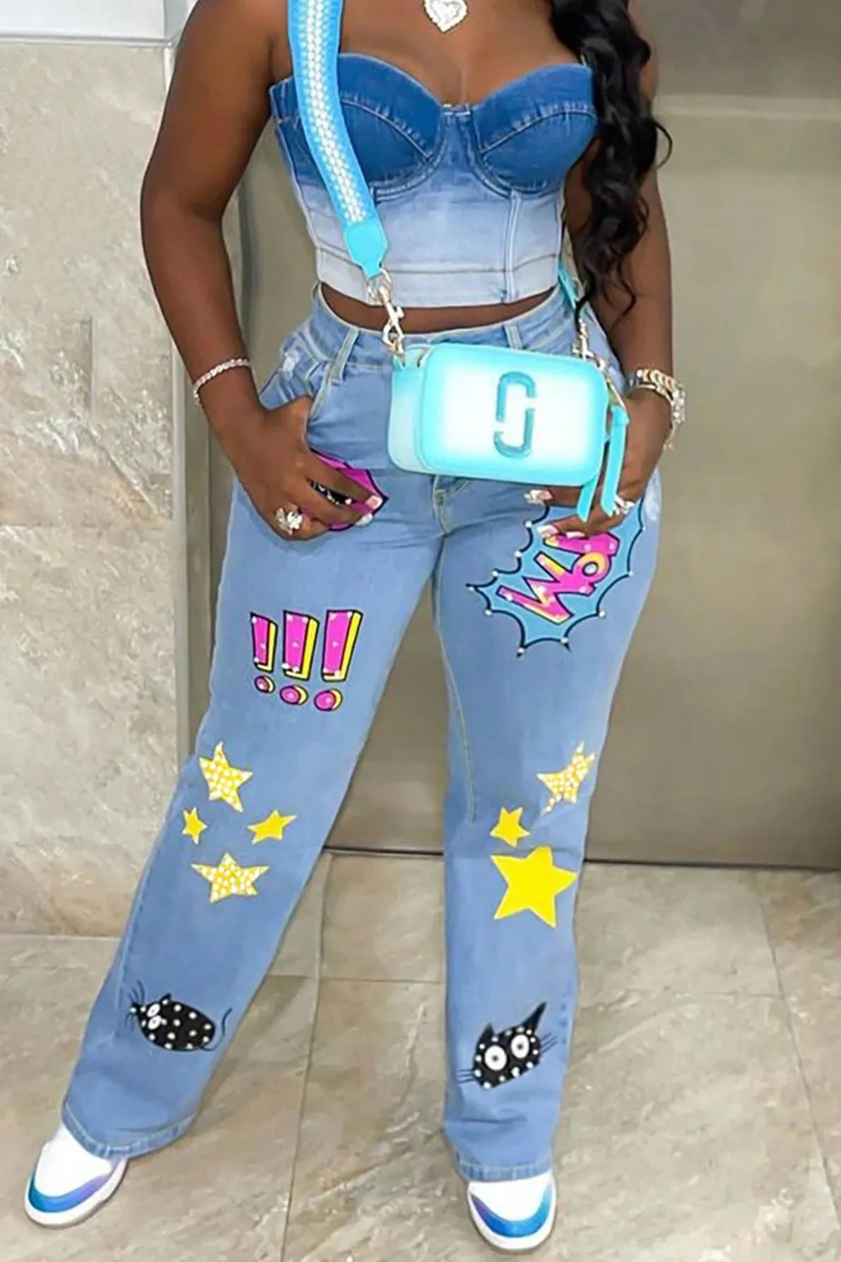 Women's Casual Printed Wide Leg Jeans