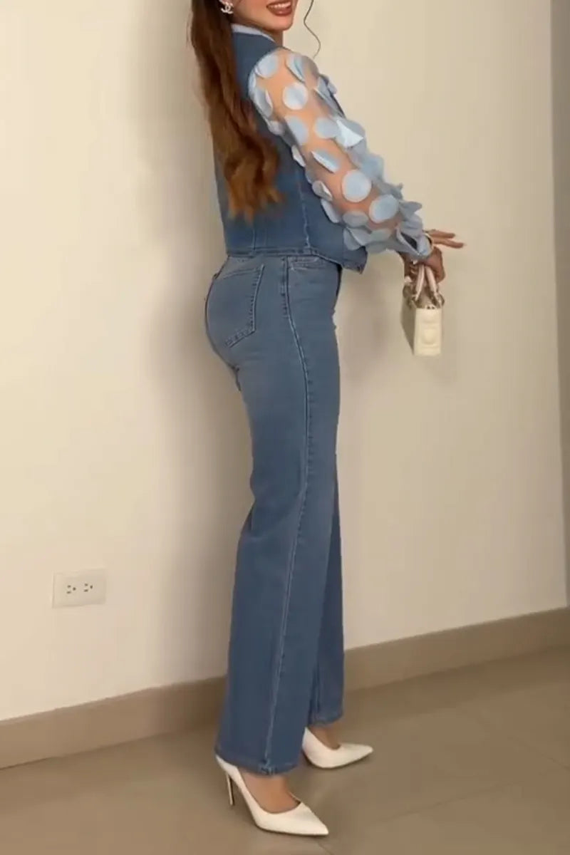 Women Round Neck Circular See Through Top or Denim Vest or Denim Pants