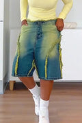 Women Vintage Gradient Washed Patchwork Casual Denim Five Quarter Pants