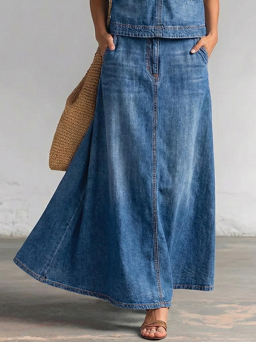 Pockets Solid Color Loose Skirts Bottoms