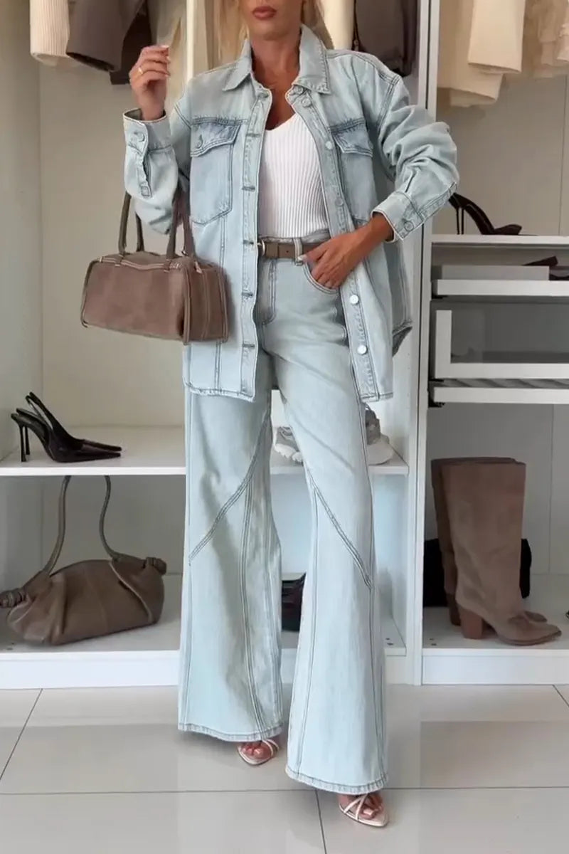 Women's Collar Washed Denim Jacket with Breasted Buttons or Patchwork Jeans