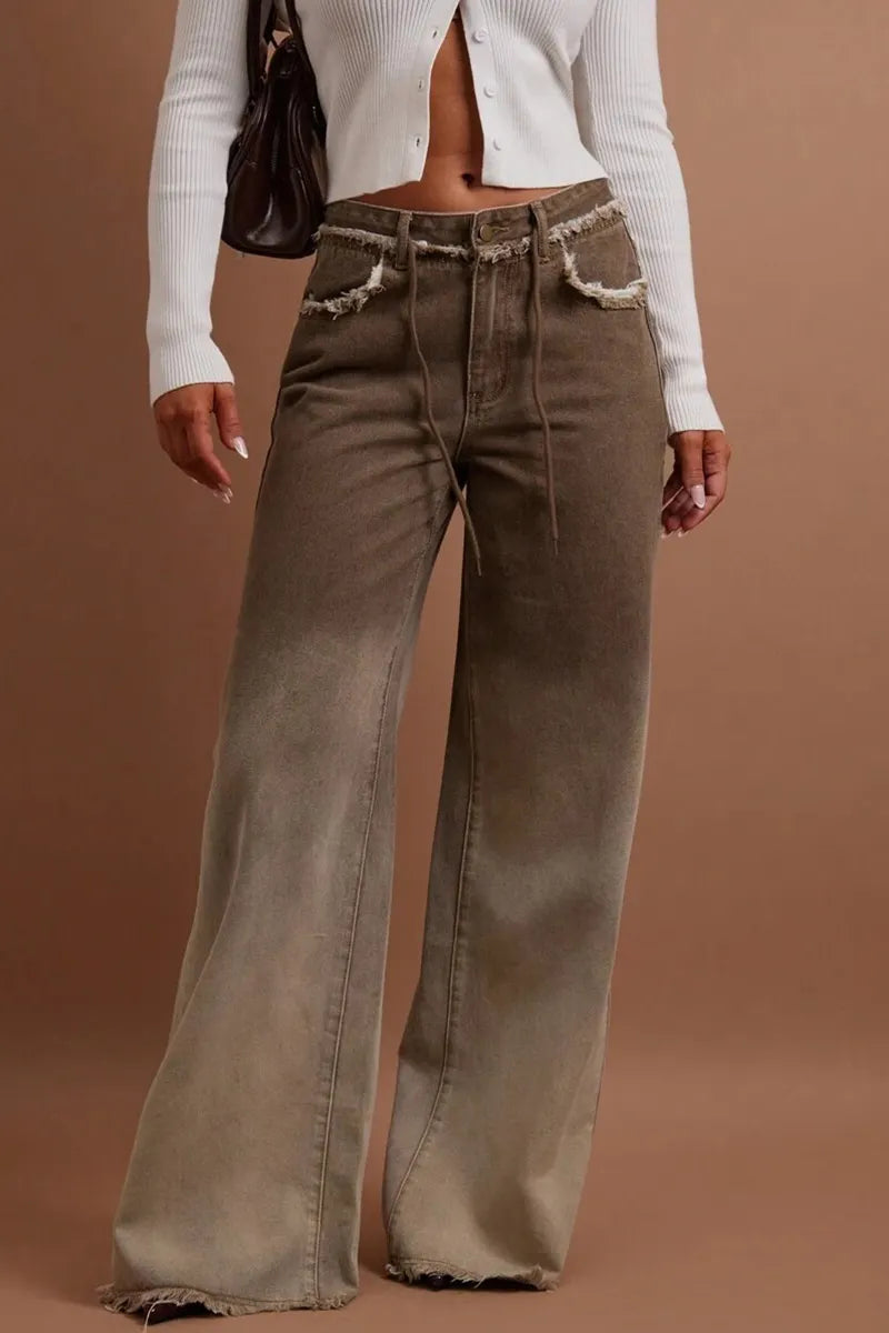 Women's Casual Front Button Pocket Frayed Hem Jeans