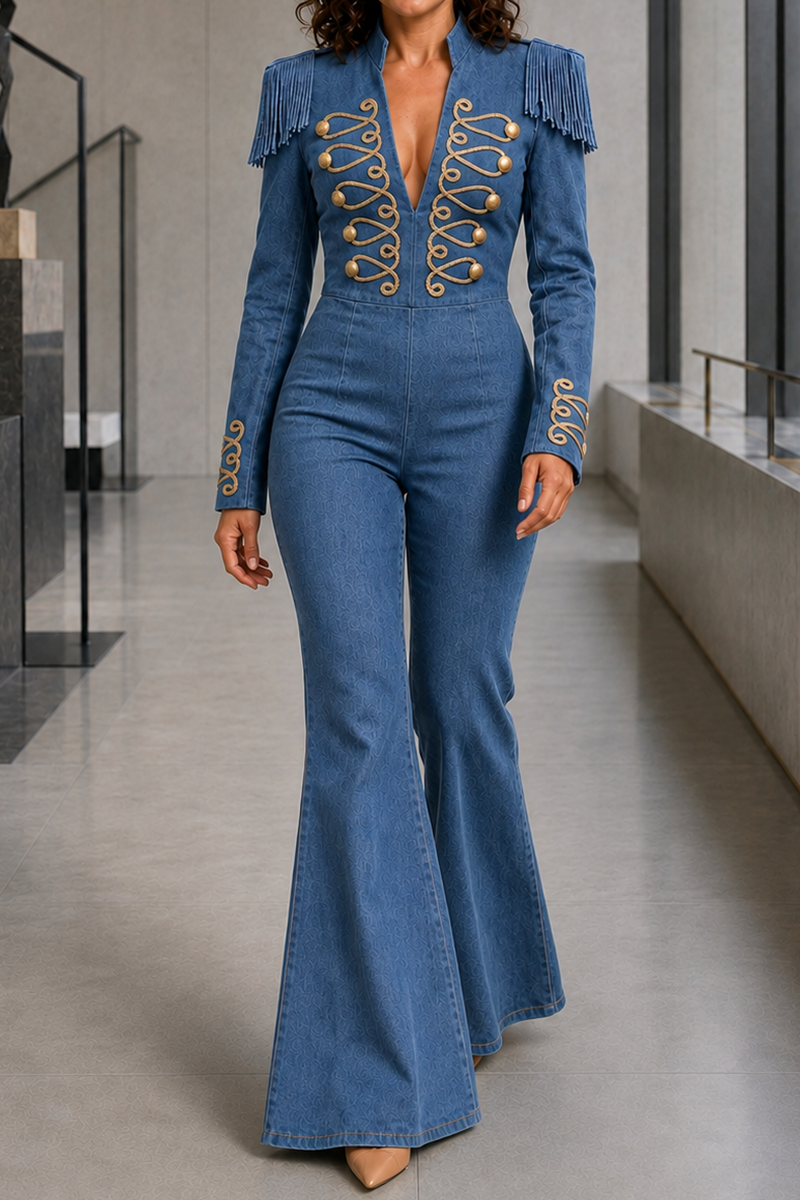 Women's Vintage Military Style Denim Jumpsuit Deep V-Neck Long Sleeve High Waist Slim Fit Flared Leg One Piece Outfit